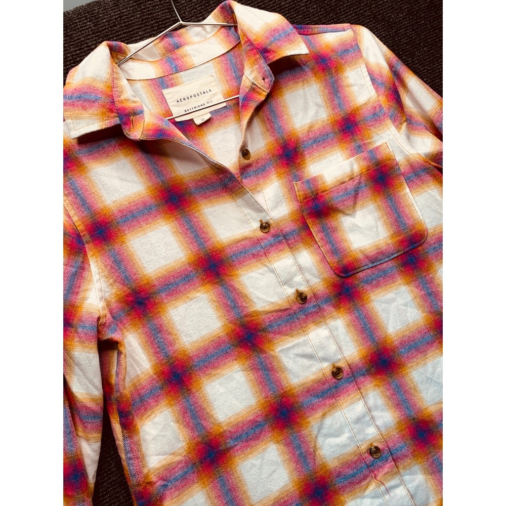 Aeropostale Flannel Shirt Women XS Pink Orange Plaid Boyfriend Fit Grunge 90s